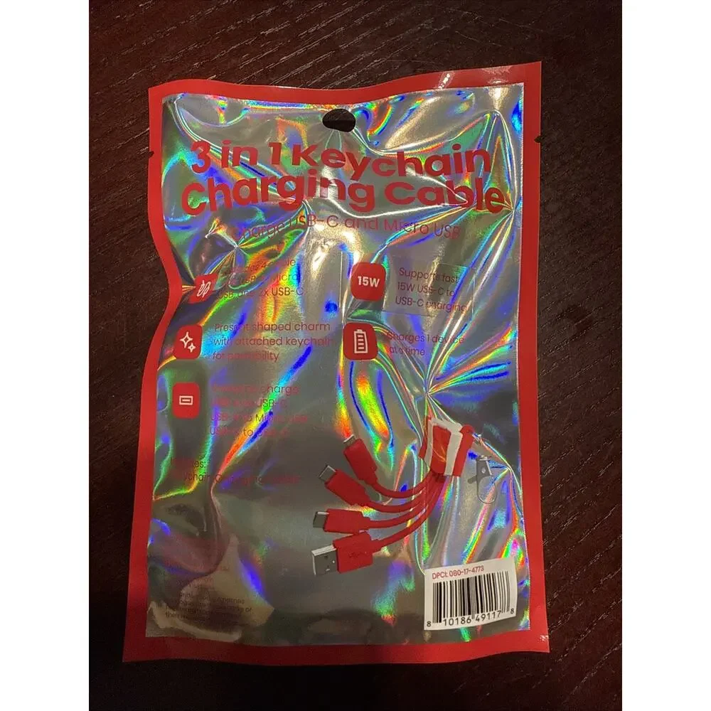 3-in-1 Keychain Charging Cable USB-C Micro USB Fast Charge 15W Portable Key Ring